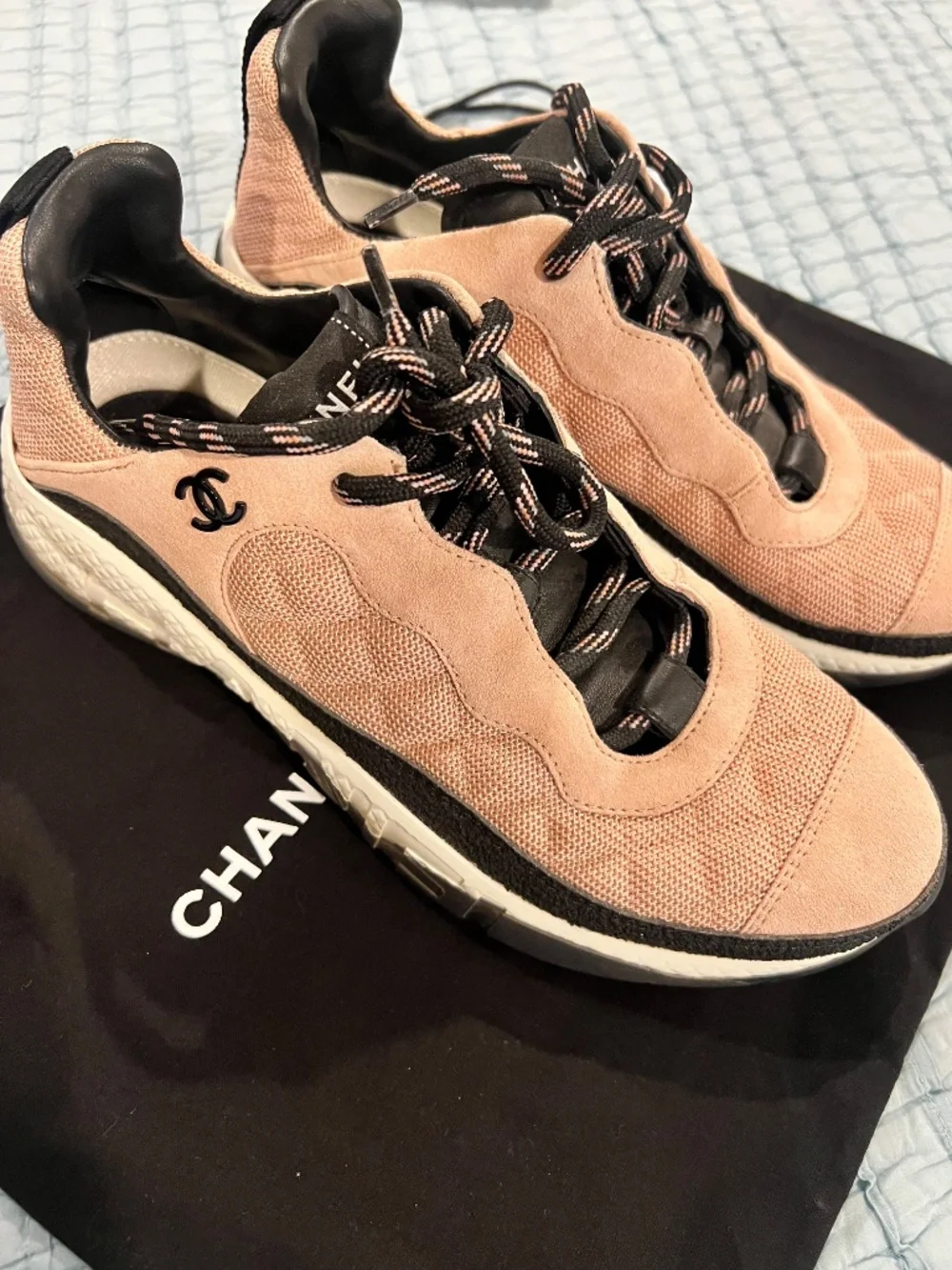 Chanel Pink Mesh Suede Calfskin Quilted Sneakers